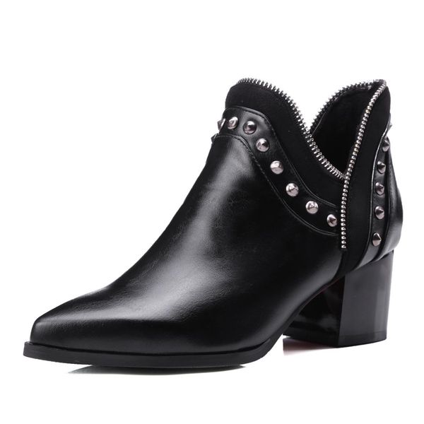 

spring, autumn and winter of 2019 boots, willow nails, big wharf, bare boots, metal zipper, big size women's shoes, Black