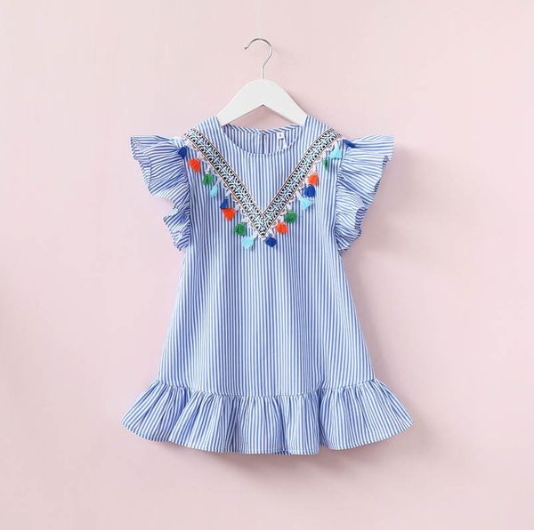 

2019 baby girls vertical stripe dress kids summer flying sleeve neckline tassel lotus leaf edge a line princess dresses children clothing, Red;yellow