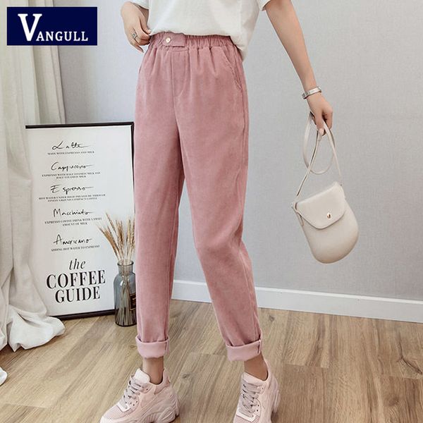 

women's pants & capris vangull women corduroy harem solid high wait loose casual ankle-length autumn elastic waist korean version, Black;white