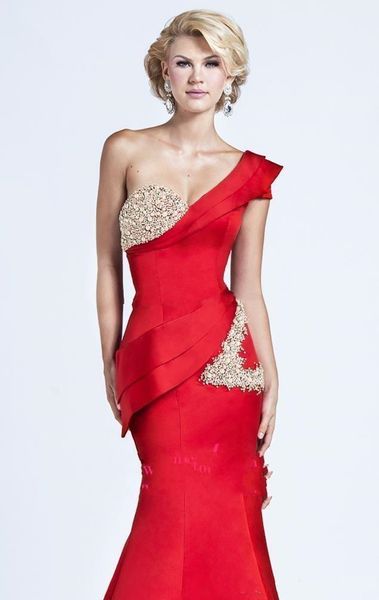 

new gorgeous evening dresses one shoulder short sleeve red satin crystal beads glitter mermaid sweep train draped peplum formal prom gowns, Black;red