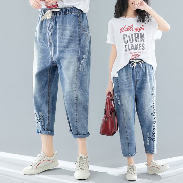 

# 4640 лето плюс размер джинсы для женщин сыпучие вышивки письмо гарем широкий ноги джинсы femme vintage denim womens до щиколотки, Blue