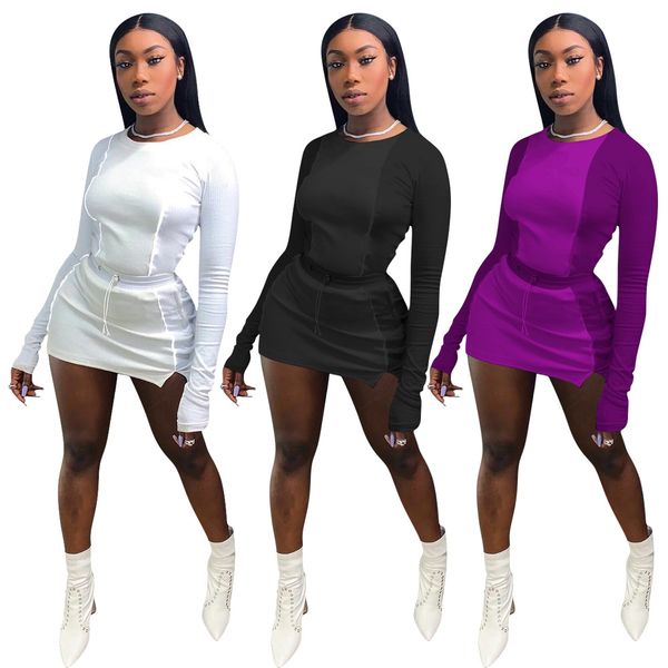 

women long sleeves solid color patchwork bodycon club party casual mini skirts set two piece dress, White