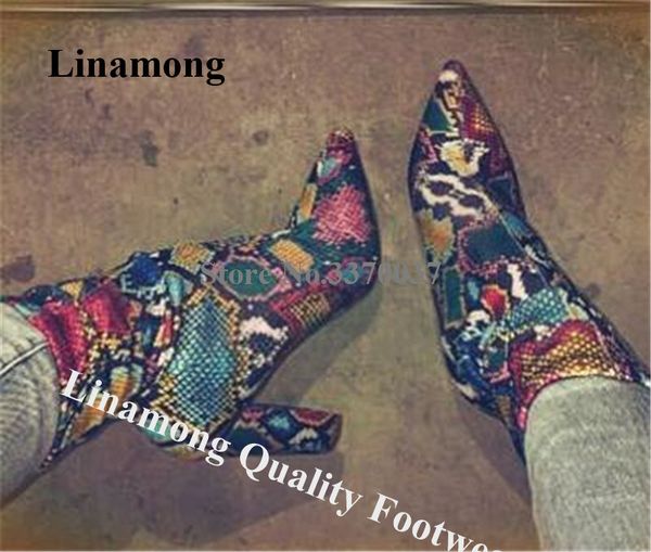 

linamong women pointed toe snake leather chunky heel short boots slip-on slip-on sock ankle booties formal dress shoes, Black