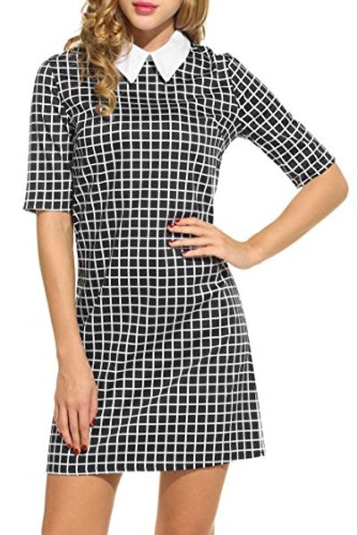 

uch women's casual doll collar short sleeve plaid shift dress, Black;gray