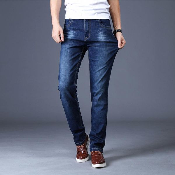 

spring mens straight jeans quality fabric denim pants for men trousers business casual classic jeans men size, Blue