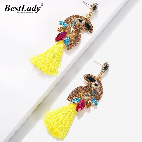 

lady bohemian shiny glass crystal birds tassel drop earrings wedding party gift multicolored fringed long statement earring, Silver