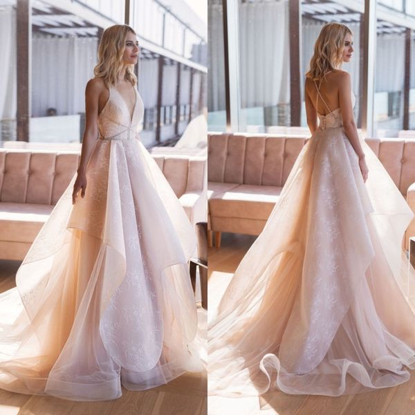 

2019 light champagne wedding dresses deep v neck sleeveless beach boho wedding dress custom plus size backless tiered skirts bridal gowns, White