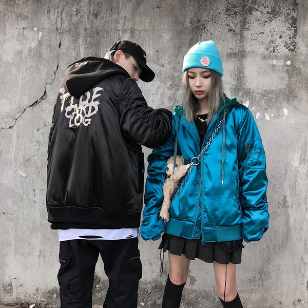 

origina korean embroidery padded jacket male and female thick windbreaker hooded loose bomber jackets oversize streetwear parka, Black;brown