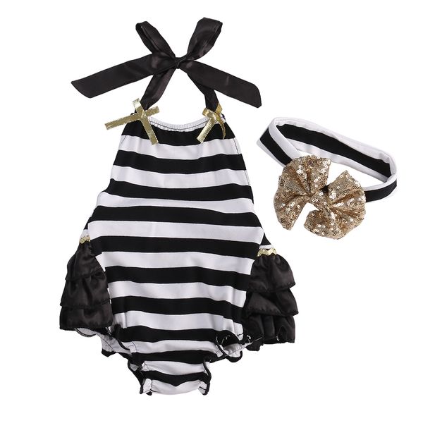 

2pcs self tie striped ruffles rompers with headband for baby girl, Blue