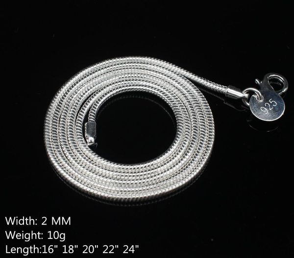 

2mm 925 sterling silver smooth snake chains necklaces for women fashion lobster clasp jewelry ladies chain size 16-24 inch wholesale