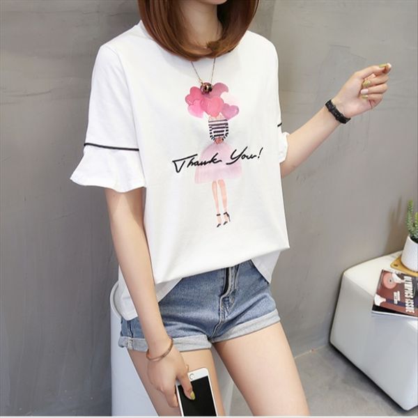 

short-sleeved horn t-shirt horn t-shirt 2019 korean style round collar loose printing trumpet sleeve female, White