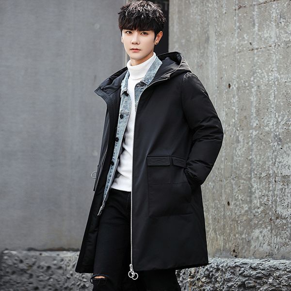 

men's autumn and winter new style mid-length down jacket korean-style youth fashion simple handsome hooded warm coat men's wear, Black