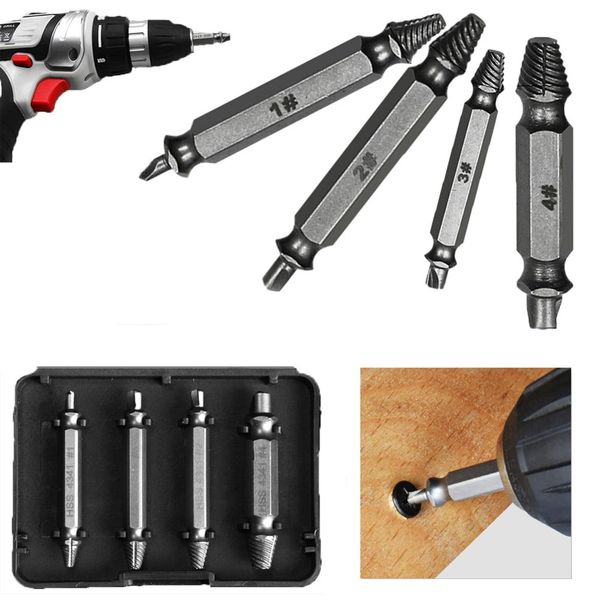 

durable double side drill out damaged screw remover extractor handymen broken bolt stud removal tool kit #1 #2 #3 #4 with case