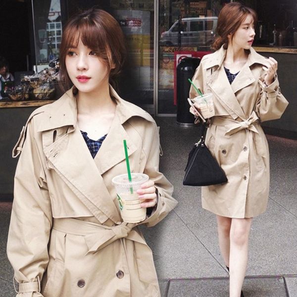 

classic khaki color above knee trench coats for women ins korean style double breasted lace-up overcoat with epaulet, Tan;black