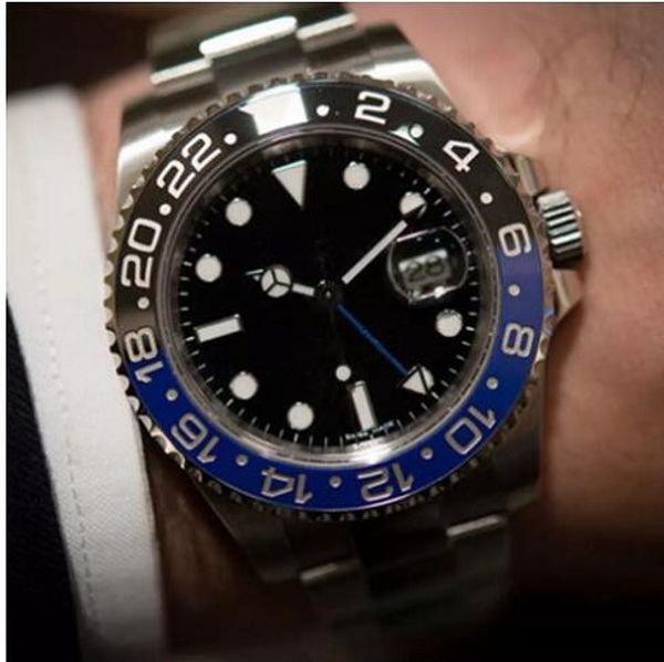 

luxury automatic mens watch gmt lum black blue ceramic bezel watch blro stainless sapphire original clasp mens watches 635, Slivery;brown