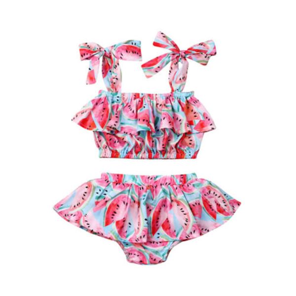 

0-24m watermelon newborn baby girl clothes ruffle shorts dress 2pcs outfit set, White