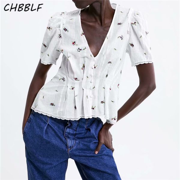 

chbblf women embroidery floral v neck blouse short sleeve buttons elegant female chic white blusas bgb9144