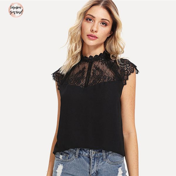 

black solid lace blouse weekend casual elegant women office ladies stand collar cap sleeve solid summer sheer, White