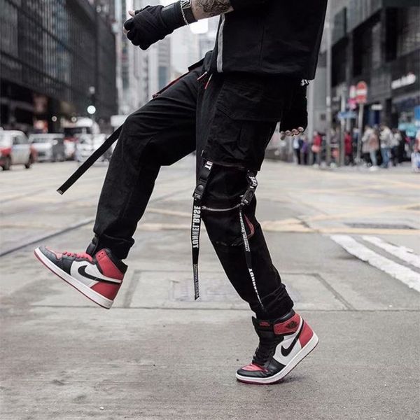 

men's pants jogging belts street pockets overalls hip-hop sweatpants korean fashion jumpsuit, Black