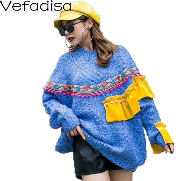 

vefadisa autumn solid patchwork pullovers sweater tassel o-neck batwing sleeve sweater streetwear woman 2019 qyf635, White;black