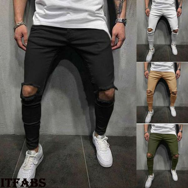 

men new fashion slim stretch denim jeans destroyed ripped skinny pants trousers, Black;blue