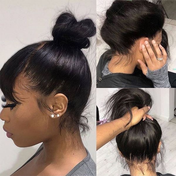 

straight full lace human hair wigs with bangs 180% density glueless remy brazilian hair 4x4 lace closure wig for women luffy, Black