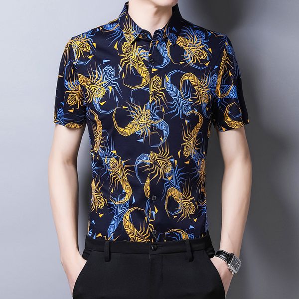 

men's casual shirts c-3128 creative shrimp pattern printing luxury short sleeve shirt summer quality mercerized cotton smooth icy men s, White;black