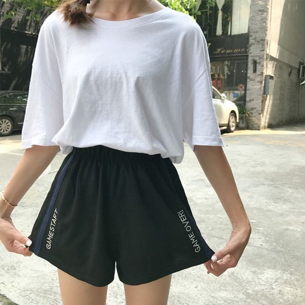 

women's black wide leg high waist shorts side striped plus size xxl fitness loose shorts 2019 spring summer sports clothes woman, White;black