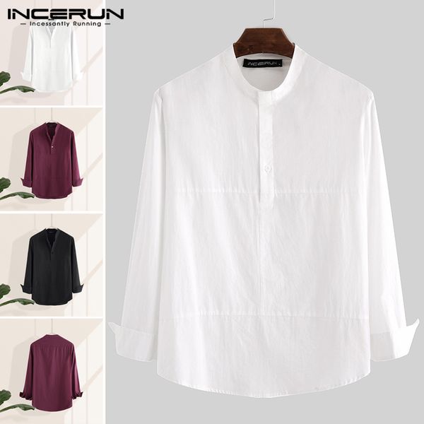 

men's casual shirts incerun 2021 stand collar solid color shirt men cotton long sleeve streetwear vintage mens blouse brand camisas, White;black