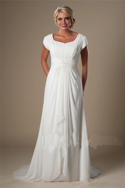 

ivory ruched chiffon modest beach wedding dresses 2018 with cap sleeves long a-line informal bridal gowns destination wedding gowns new sale, White