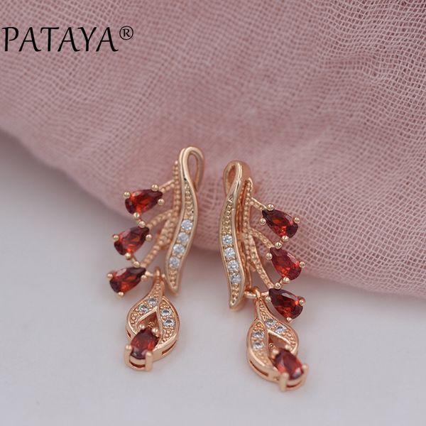 

pataya rose red long earrings 585 rose gold natural zirconia leaf design screw ear clip black jewelry women dangle earrings, Golden