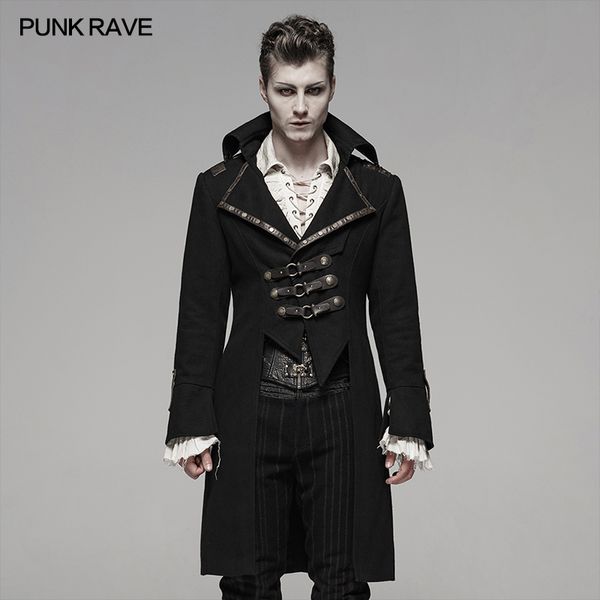 

punk rave men's steam punk twill handsome long coat medium length men jacket with cuff is designed as the split boot cut styles, Black