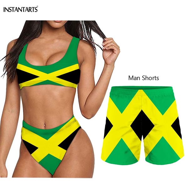 

instantarts 2019 summer female male couple swimming suits jamaica flags print woman bikini set man beach shorts adults swimwear
