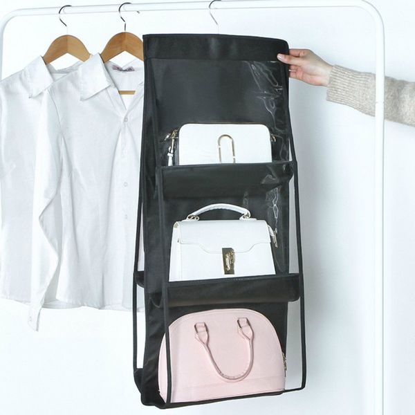 

practical 6 pocket folding hanging large clear handbag purse storage holder anti-dust organizer rack hook hanger high quality