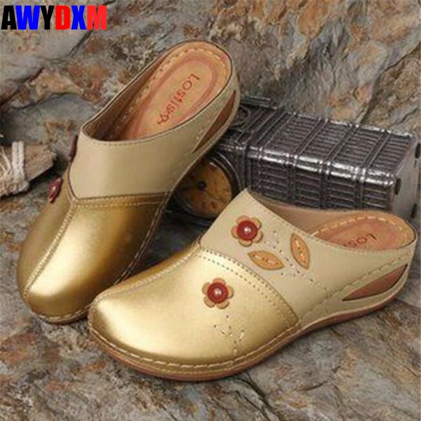 

summer women shoes pu leather sewing slippers slip on ladies wedge platform vintage roman shoes soft comfort female slides 2020, Black