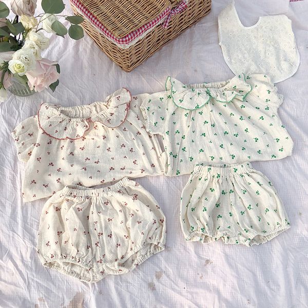 

summer new korean style baby girls clothing sets floral printed shorts 2pcs toddler kids pajamas sets children home clothes, White