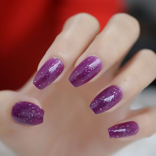 

dark purple shimmer glitter ballerina coffin false nails tips flat full cover finger nail tips uv press on fake nails diy salon, Red;gold