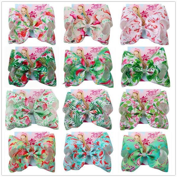 

kids 8inch large jojo siwa flamingo printed hair bow grosgrain bowknot hairpins hair accessories for girls, Slivery;white