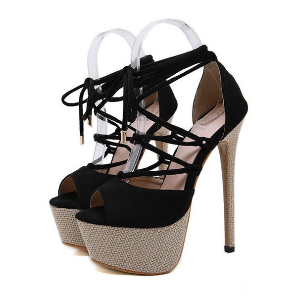 

preto branco 2020 new fashion roman cross strap high heel fish mouth roman platform sandals shoes woman 16.5cm heels jxq, Black