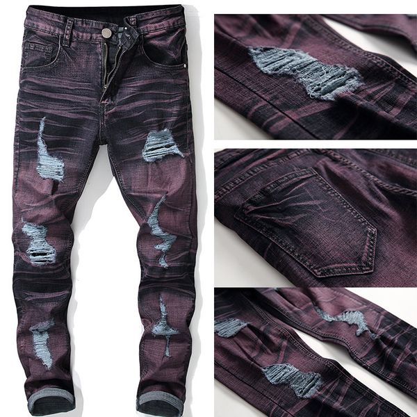 

mens designer grinded hole straight slim jeans wear, Blue