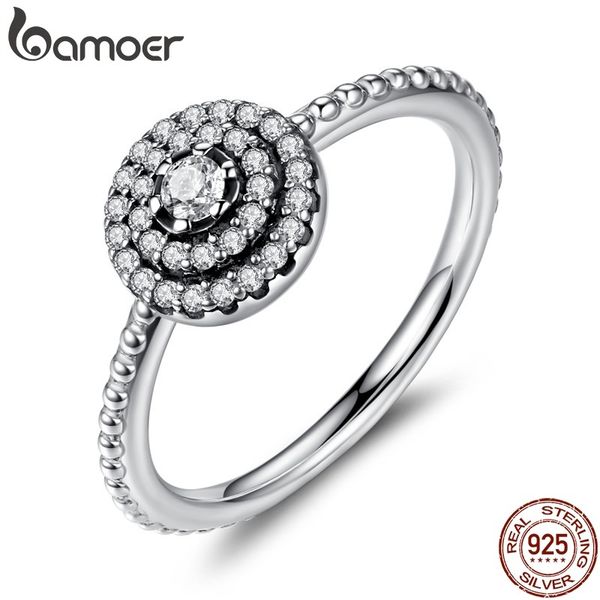 

bamoer 925 sterling silver round shape radiant elegance, clear cz flower finger rings for women anniversary sale 2018 pa7178