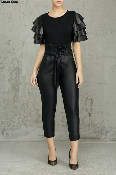 

lemon gina women new vintage high waist with belt faux leather pencil pants red black casual pu trousers glcx093, Black;white