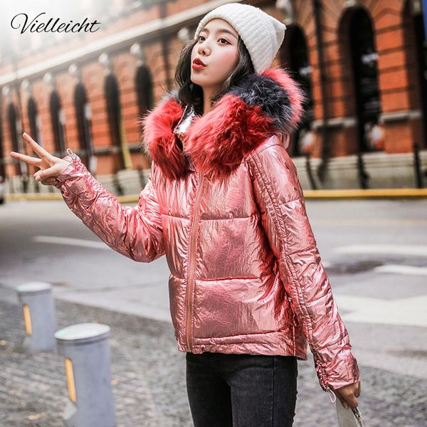 

vellieicht 2019 glossy down cotton parka winter women jacket fur hooded winter warm thick short parka coat jacket women, Tan;black