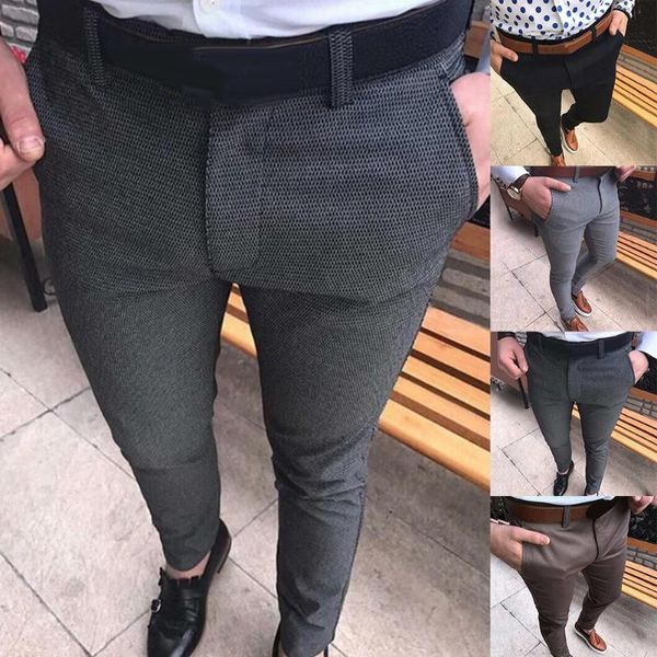 

casual men solid color mid waist pockets cotton elastic pencil business straight pants pocket trousers long trousers, Black