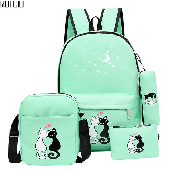 

women backpack schoolbag 4 pcs set lovely cute cartoon cat print school bag backpacks for teenage girls daypack rucksack moclila