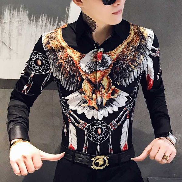

2019 new casual eagle printing shirt fashion men's street clothing men's social shirt autumn slim long-sleeved dress, White;black