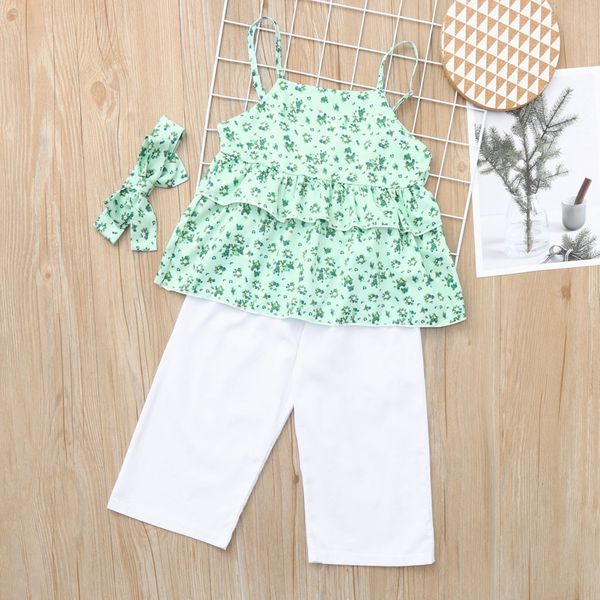 

new born baby girl clothes summer infant baby girls kids floral ruffle t shirt+pants+headband outfits set robe fille, White
