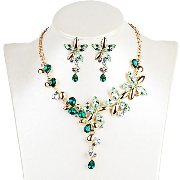 

womens short collar necklaces jewelry color crystal five leaves flowers rhinestone statement gothic necklace earring jewelry set, Slivery;golden