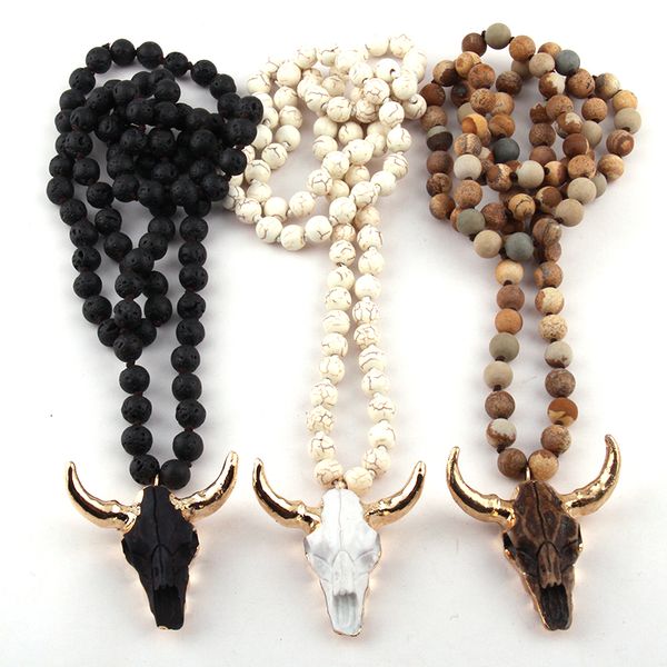 

fashion bohemian jewelry long knotted stone beads 3 color horn pendant necklace for women ethnic necklace, Silver