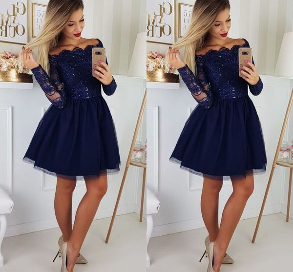 

fashion navy short off the shoulder party prom homecoming dresses with long sleeves lace sequins applique tulle cocktail graduation dress, Black